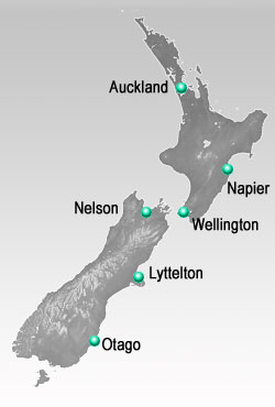 Map of NZ showing the locations where Scandinavian settlers arrived in New Zealand.